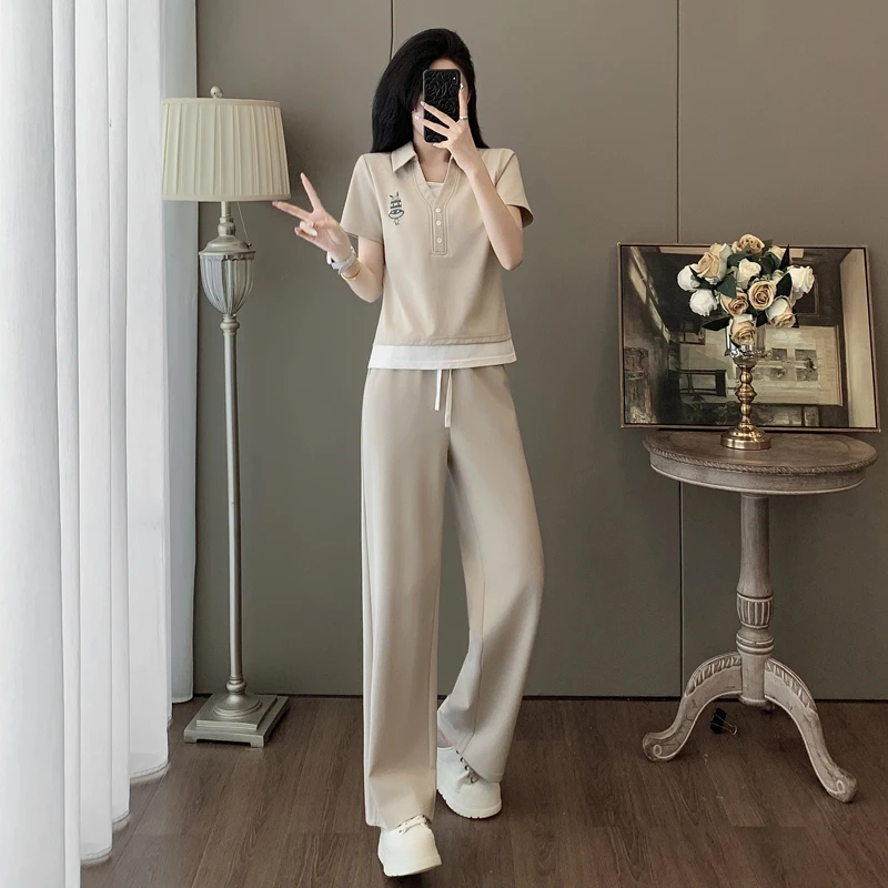 2025夏季新款时尚休闲运动套装女V领宽松显瘦简单大方假两件套装