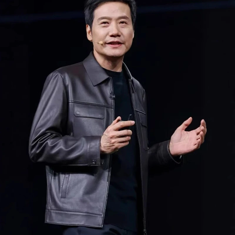 海宁真皮皮衣雷军同款2025春季新款休闲黑色翻领绵羊皮夹克