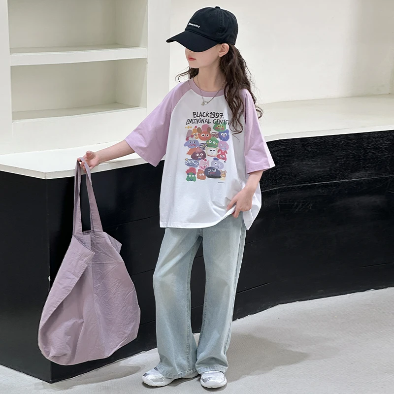 女童夏季短袖套装儿童洋气休闲阔腿宽松印花韩版卡通儿童洋气休闲