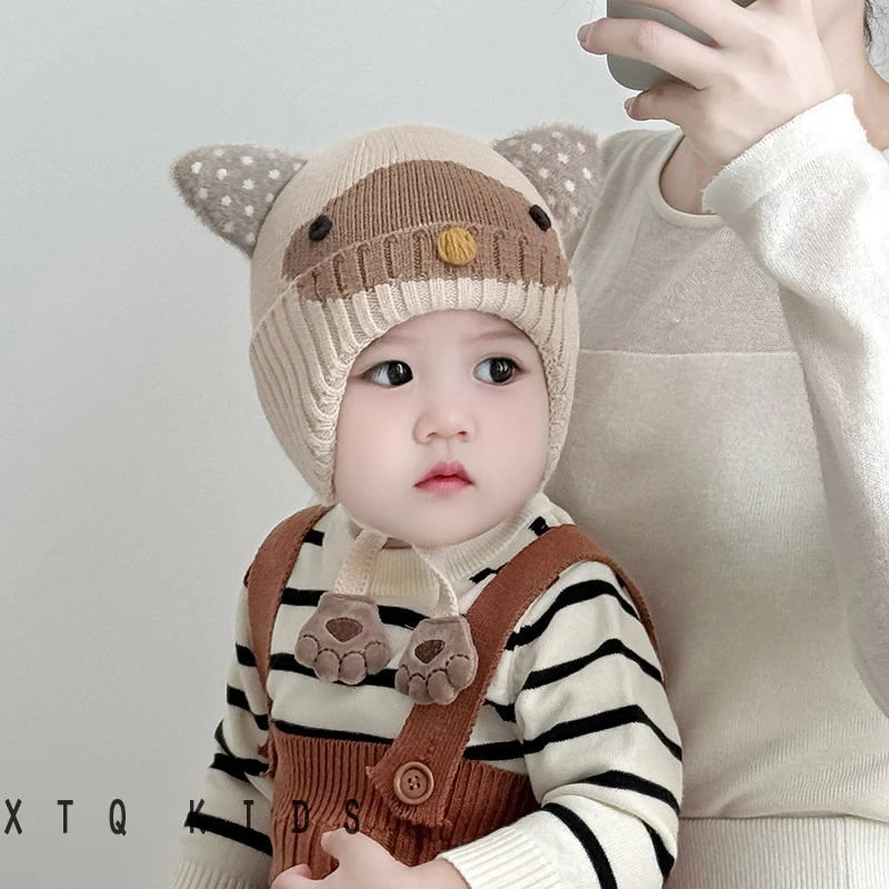 婴儿帽子秋冬季男宝保暖加厚护耳帽女小月龄超萌卡通毛线包耳帽潮