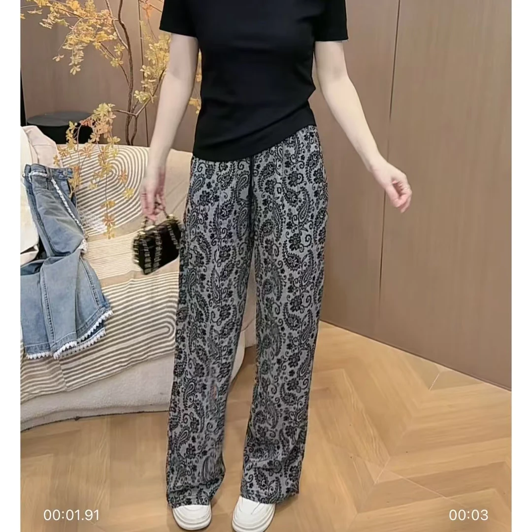 【2527】新品夏款复古腰果花灰调松紧腰圈巨藏肉微阔休闲裤