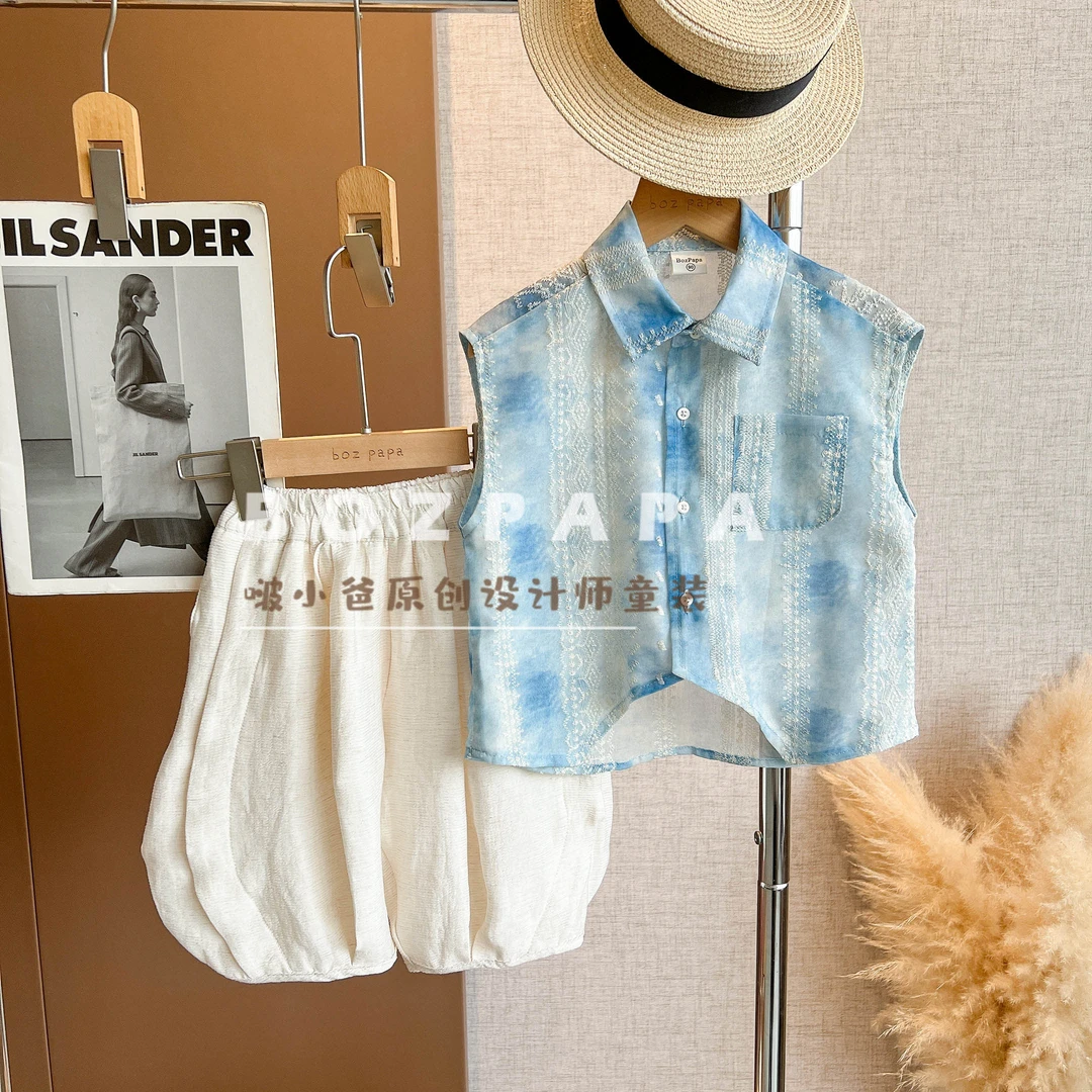 现货定制【一绸烟蓝】2025夏季男童韩系休闲蕾丝条纹无袖衬衫套装