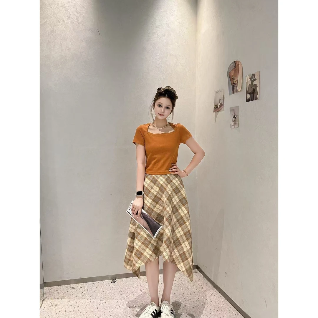 2025新款夏正肩纯色简约修身短款方领锁骨T恤短袖女装HJ-1874