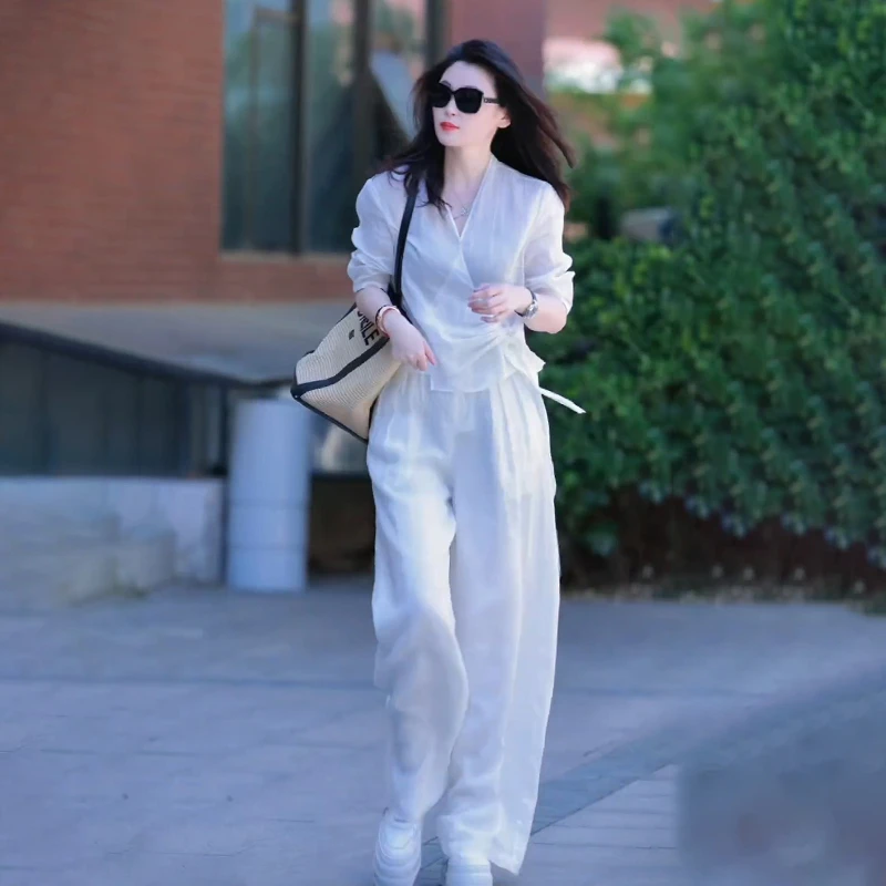 2025新款透气亚麻V领系带上衣+阔腿直筒裤休闲宽松显瘦两件套女夏