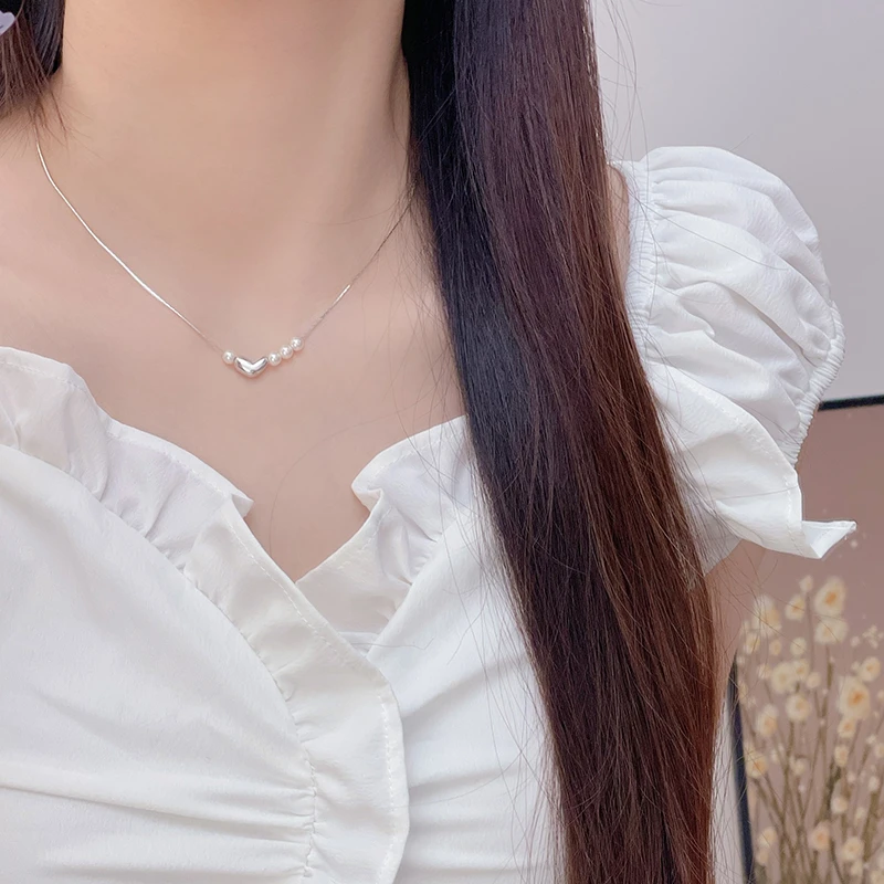 坠链均925银仿珍珠 扁豆爱心纯银新款项链小众气质锁骨链节日礼物