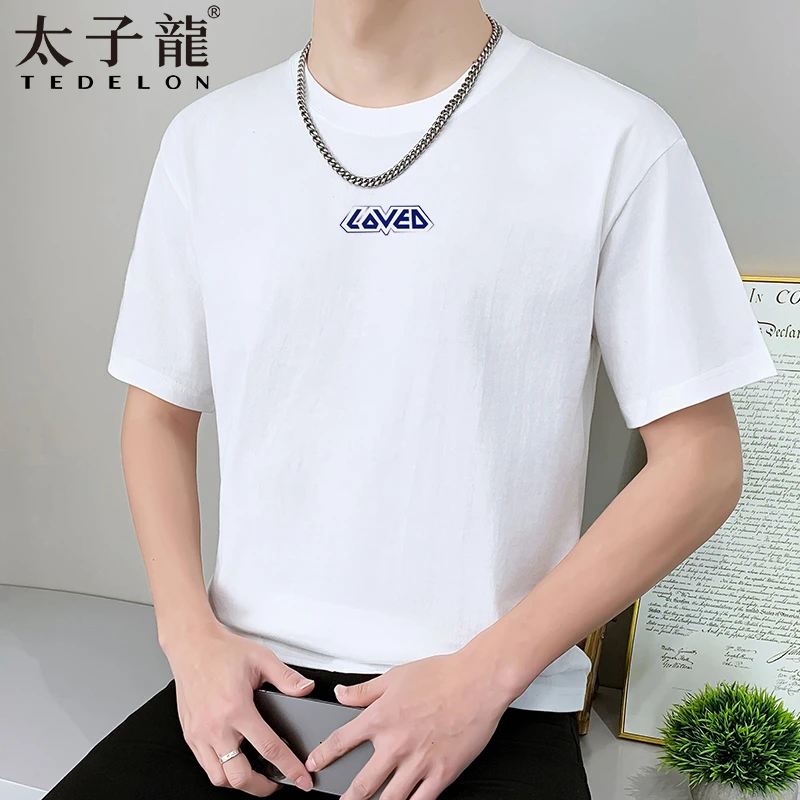 TEDELON/太子龙2025夏季男士圆领短袖T恤100%棉休闲印花落肩半袖