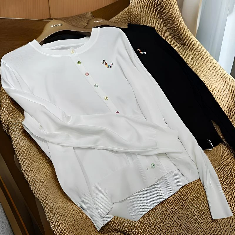 小马刺绣～高品质100%天丝莱赛尔圆领开衫90-130#7563气质百搭