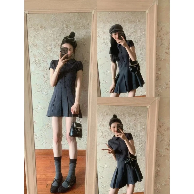 2025春夏新款学院风衬衫韩系连衣裙小个子气质收腰百褶灰色短裙子