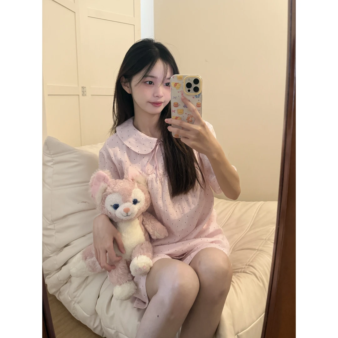 夏季新款纯欲风ins粉色波点长袖套装女可爱软糯糯家居服大码套装