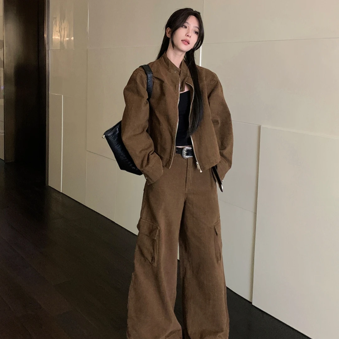 网红时尚休闲运动服套装女秋冬新款短款夹克外套阔腿裤洋气两件套