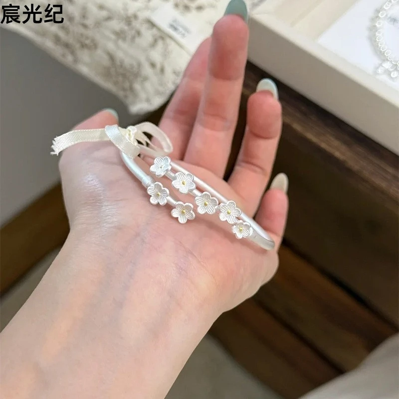足银手镯 足银9999中式复古桃花手镯高级感手链轻奢气质手饰女
