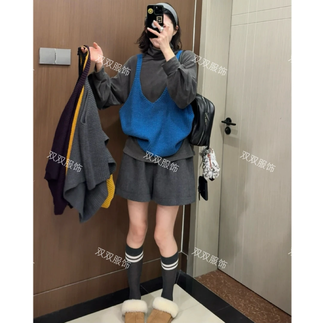 【SSOUHAN】韩版氛围感针织背心➕磨毛厚款长袖堆堆领大版T恤两件套