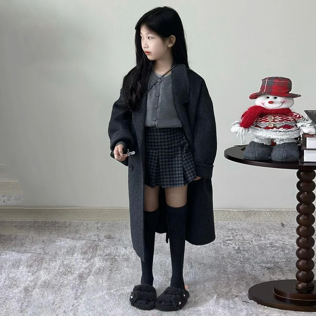 韩版女童2025秋冬新款深灰色气质翻领呢大衣儿童高级感双排毛呢