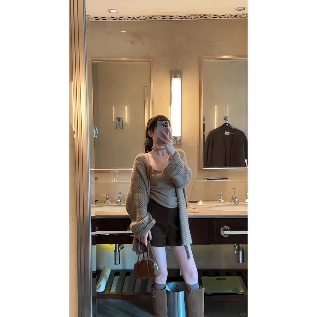 韩系纯欲风针织开衫宽松慵懒外套上衣内搭吊带背心高腰半身a字裙