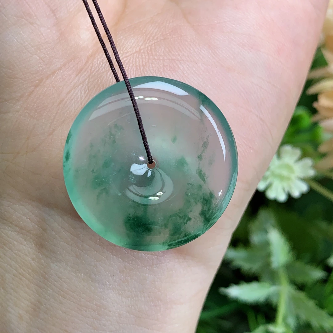 缅甸天然翡翠A货高冰玻起钢飘花平安扣吊坠李尺寸27.3/5.4mm