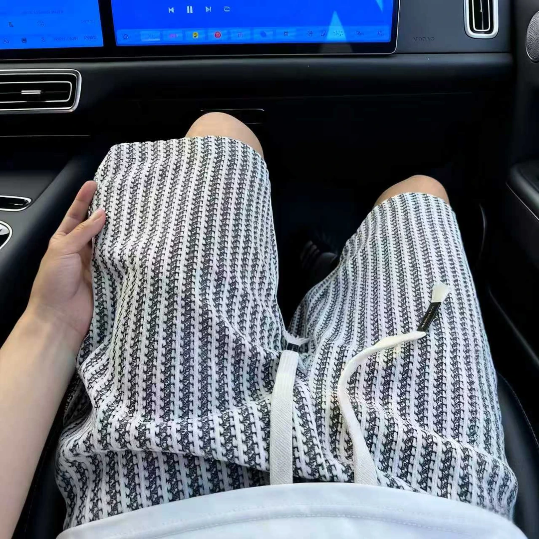 针织小香风条纹短裤男夏季宽松直筒休闲五分裤子潮牌复古运动裤衩