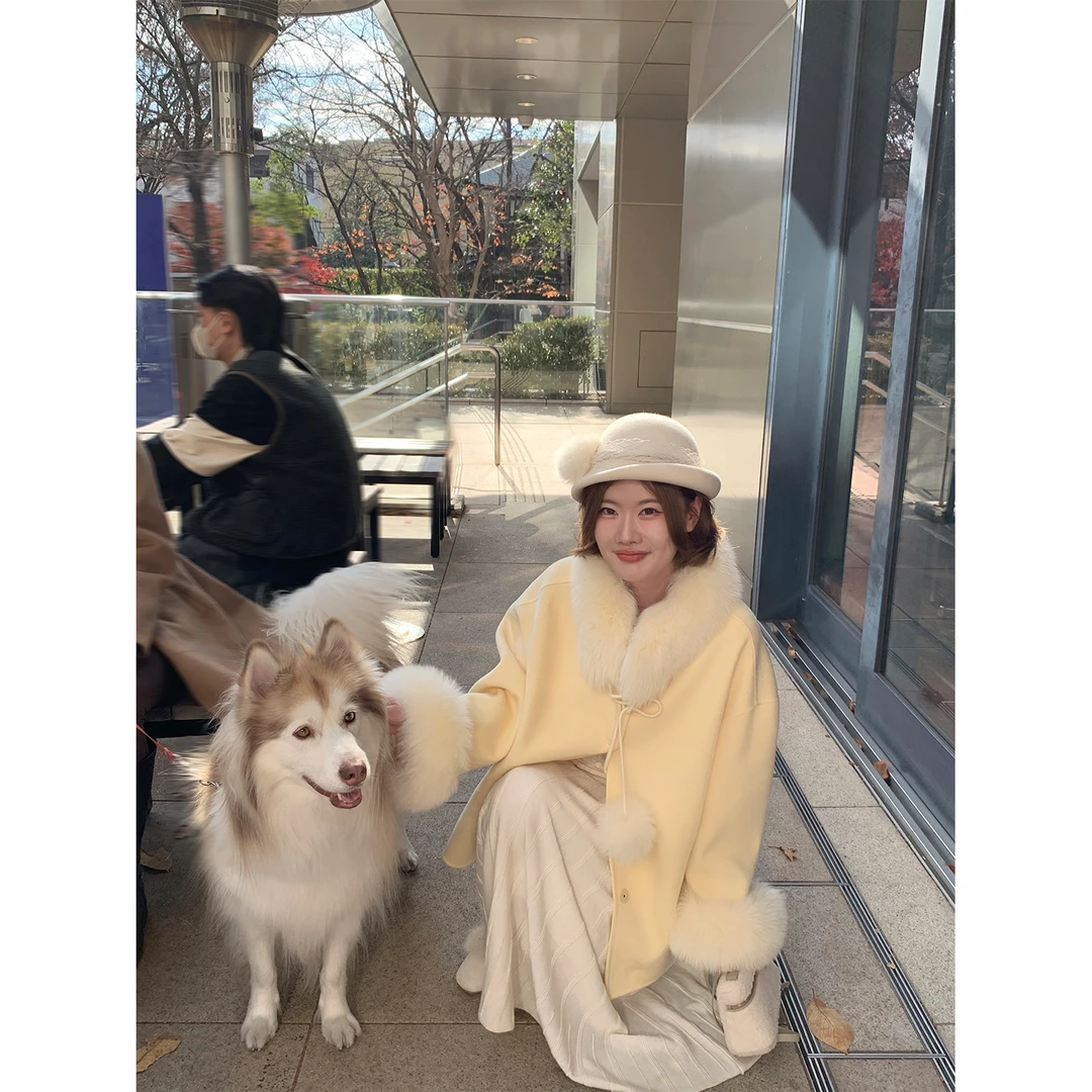 酒心微胖定制  真狐狸毛宽松法式秋冬日常穿搭高级感双面尼外套女