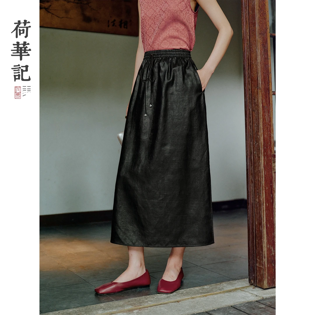 荷华记|22姆米古法香云纱 正反两穿真丝新中式松紧腰抽绳半身裙女