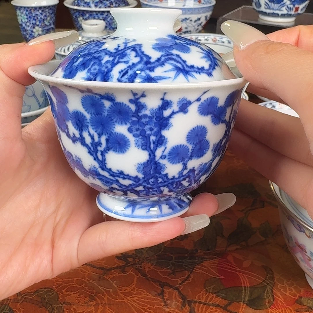 柴窑青花松竹梅盖碗