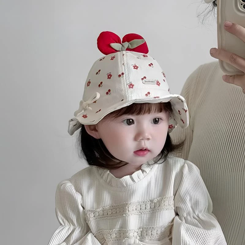 女宝宝帽子春秋薄款甜美蝴蝶结渔夫帽女童小月龄遮阳可调节盆帽夏