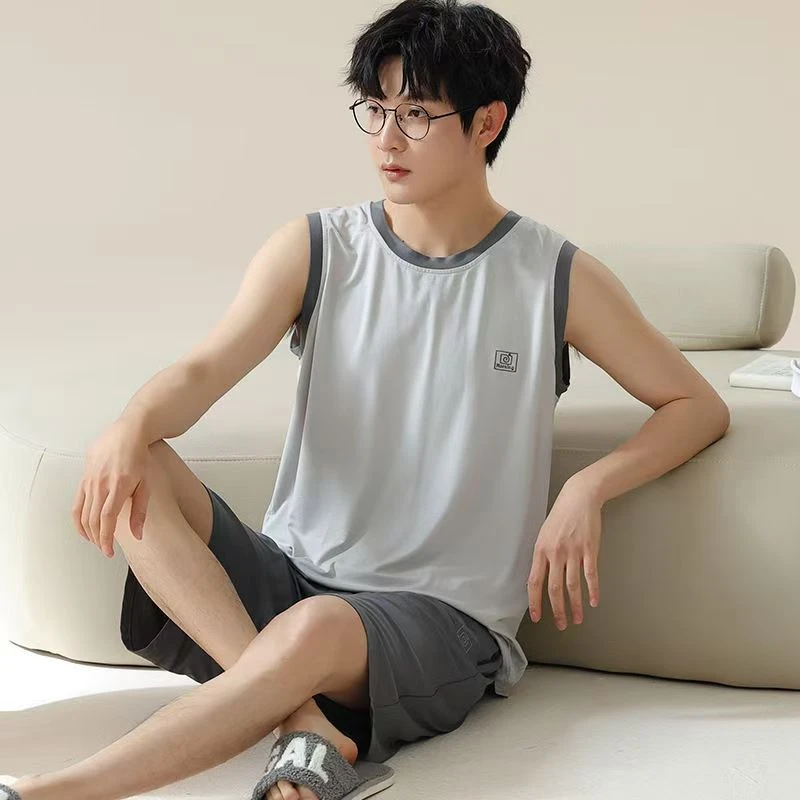 夏季莫代尔睡衣男薄款背心无袖短裤休闲学生青少年家居服男士套装