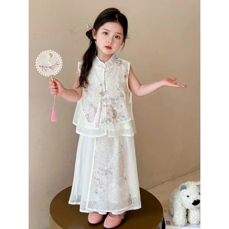 薄款森系中国风纯色夏季套装女孩公主裙旗袍裙古风夏款绣花