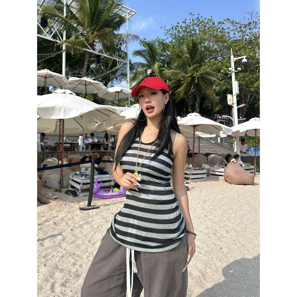 KAIDIQI/凯迪琦夏季新款薄款辣妹高级感打底宽条纹黑色