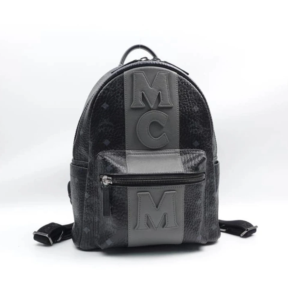 95新 MCM mcm 黑色中号logo双肩包