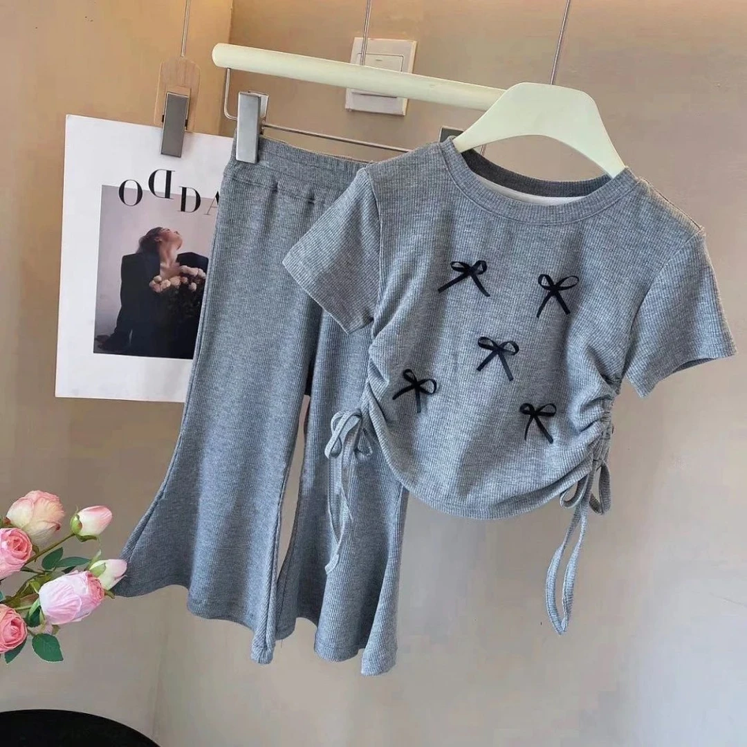 女童套装2025蝴蝶结夏季薄款长裤儿童休闲洋气抽绳短袖两件套