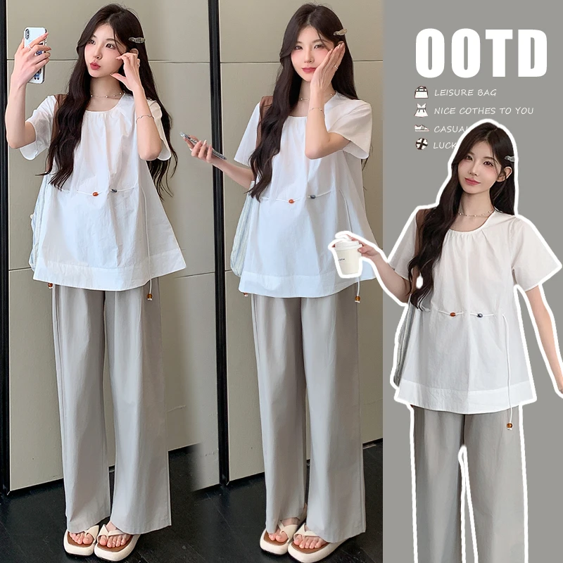 { 糕糕 }孕妇装2025夏季新款串珠韩系短袖上衣＋工装休闲裤子套装