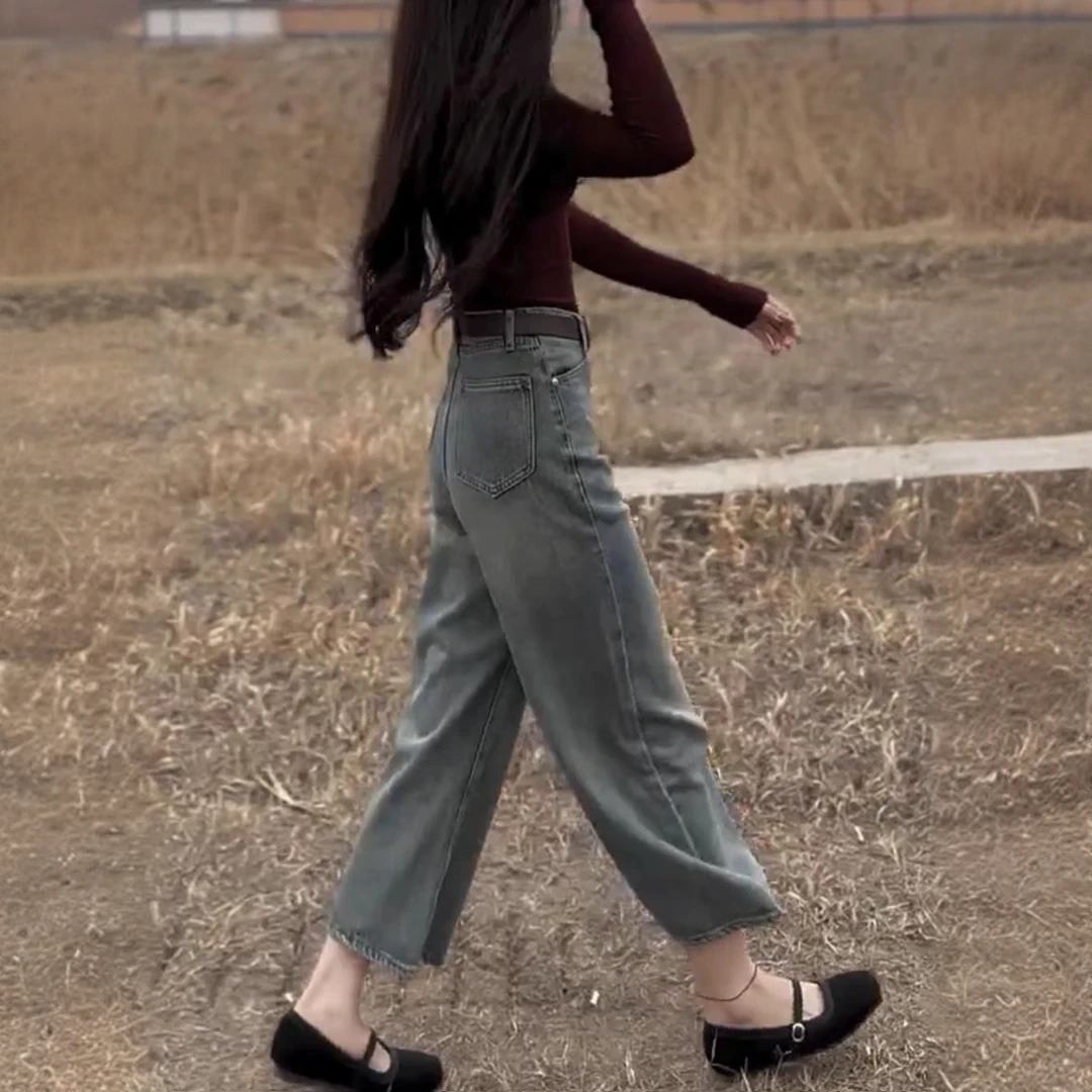 梨形显瘦大码直筒牛仔裤子女2025春夏季新款法棍裤宽松遮肚阔腿裤