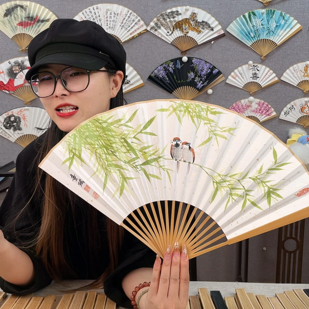 国画95寸玉竹-纯手绘-文玩扇骨（默认粘好）