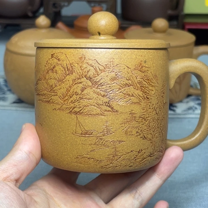 果***浪茶杯紫砂梨皮黄段 山水