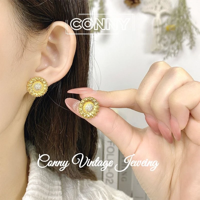 铜合金耳饰 铜合金法式向日葵耳钉爆款高级感太阳花气质耳环
