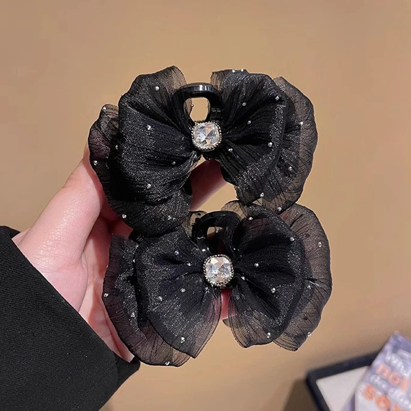 气质黑色网纱蝴蝶结抓夹小号前额刘海夹高级感后脑勺半扎发夹顶夹