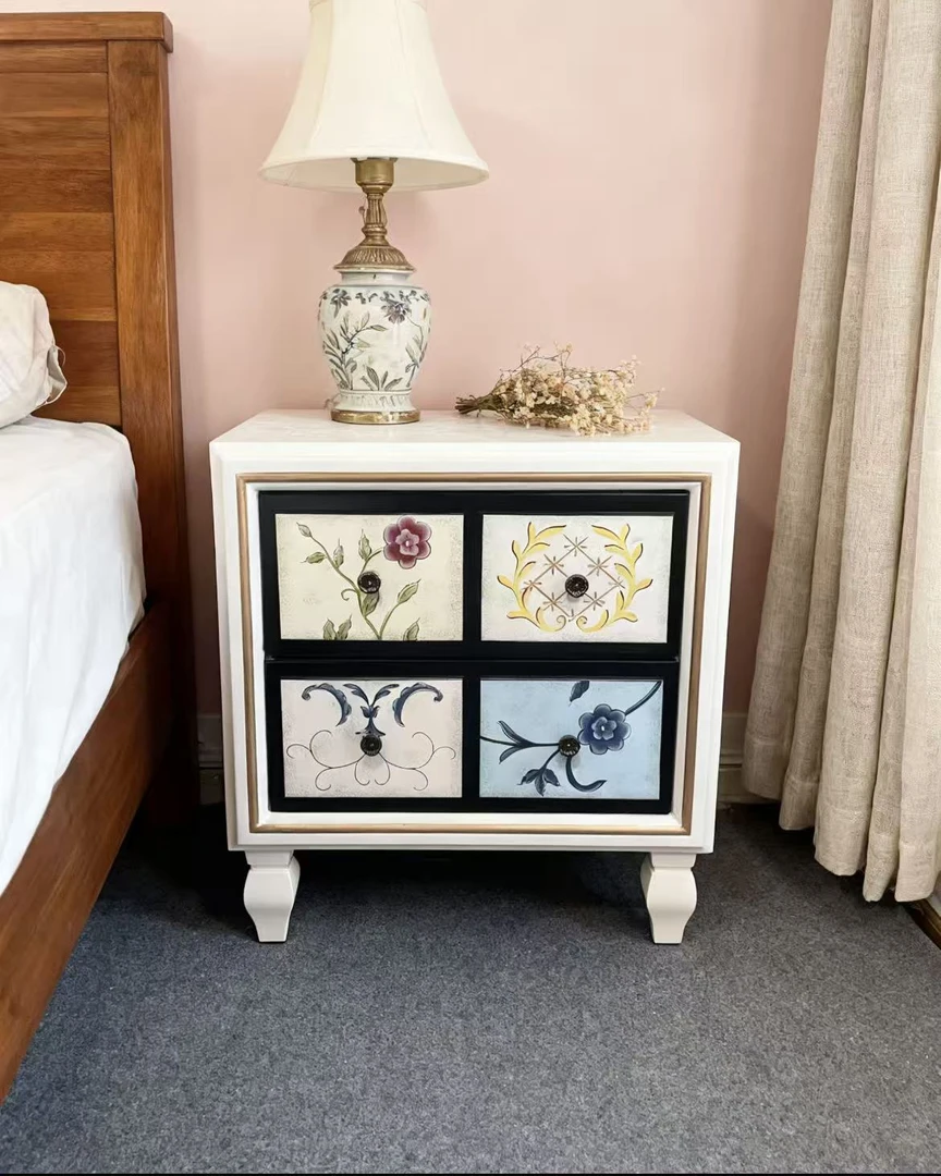 床头柜彩绘美式斗柜植物花卉欧式柜简约储藏复古风门厅卧室