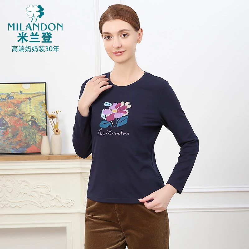 MILANDON/米兰登2025厚加绒冬季新款休闲印花长袖女T恤1Q4T1101X