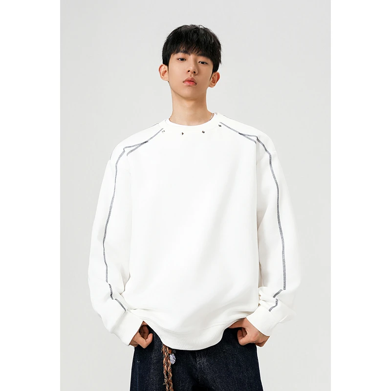 美式大码拼接卫衣男2025秋季宽松大码重磅圆领无帽潮牌打底上