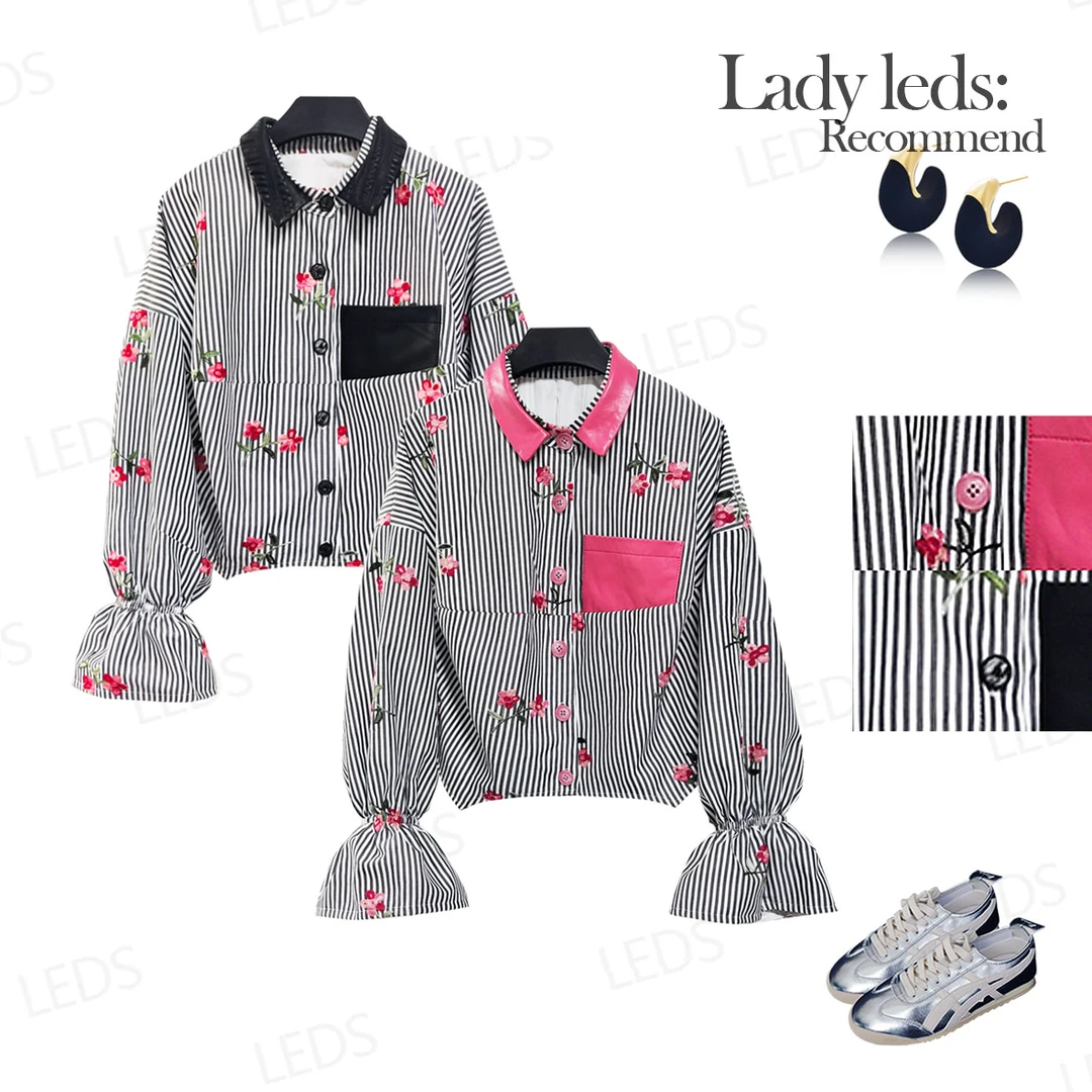 LEDS 25167春夏必入单品*条纹设计师袖时尚韩版百搭休闲短外套
