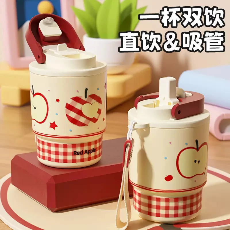 卡通双饮保温杯316不锈钢咖啡杯女高颜值带吸管便携车载水杯