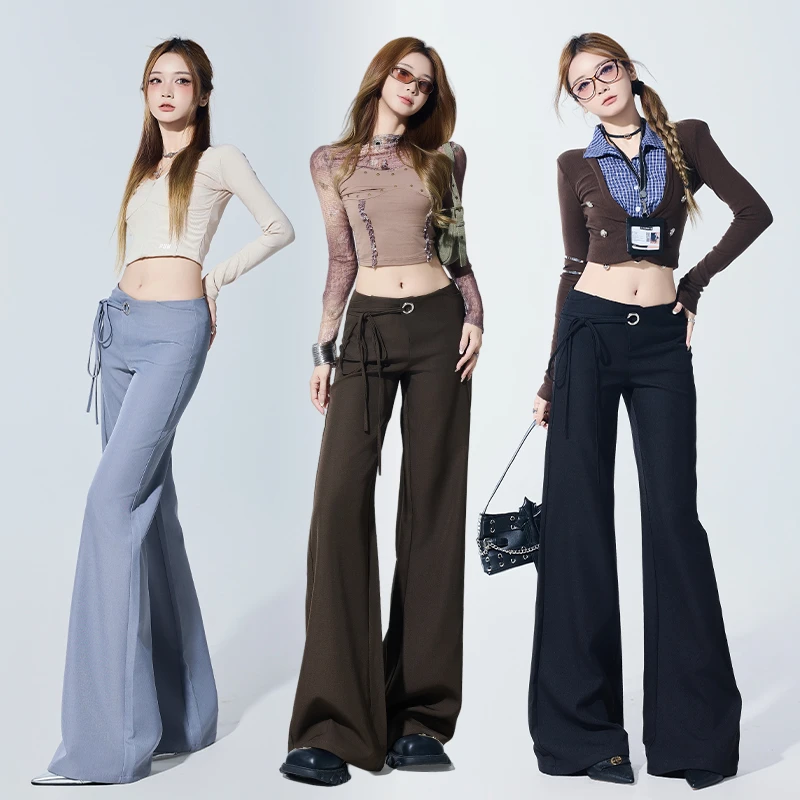 早秋新款高级感灰色西装裤女美式绑带低腰休闲长裤宽松直筒拖地阔