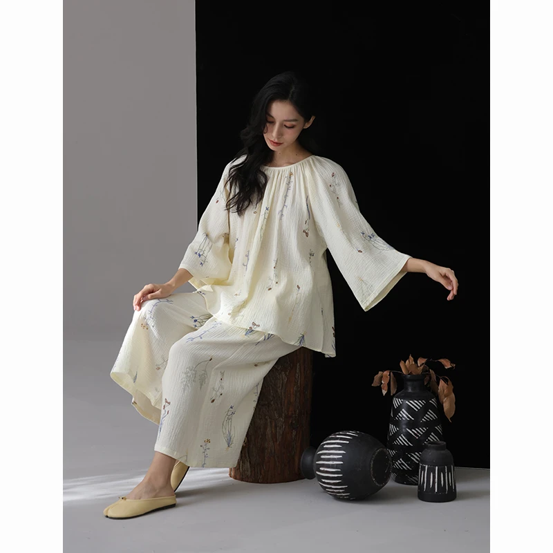 【婴儿双层纱】春季睡衣女套装奶呼呼简约花卉纯棉柔软家居服睡裙