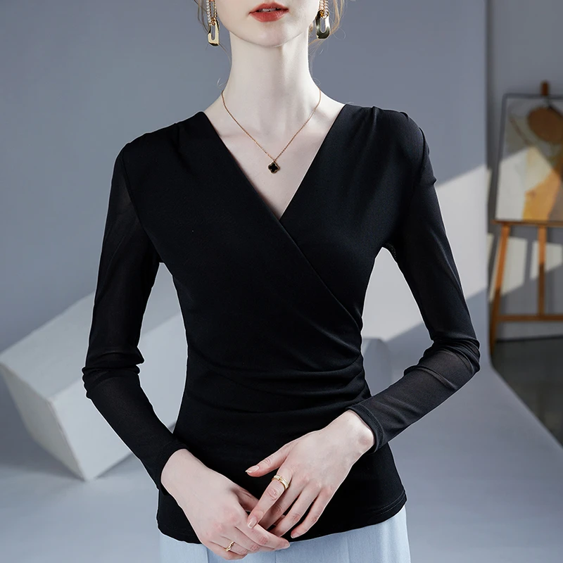 春秋收腰遮肚V领网纱打底衫2025秋季新款薄款长袖T恤女洋气小衫