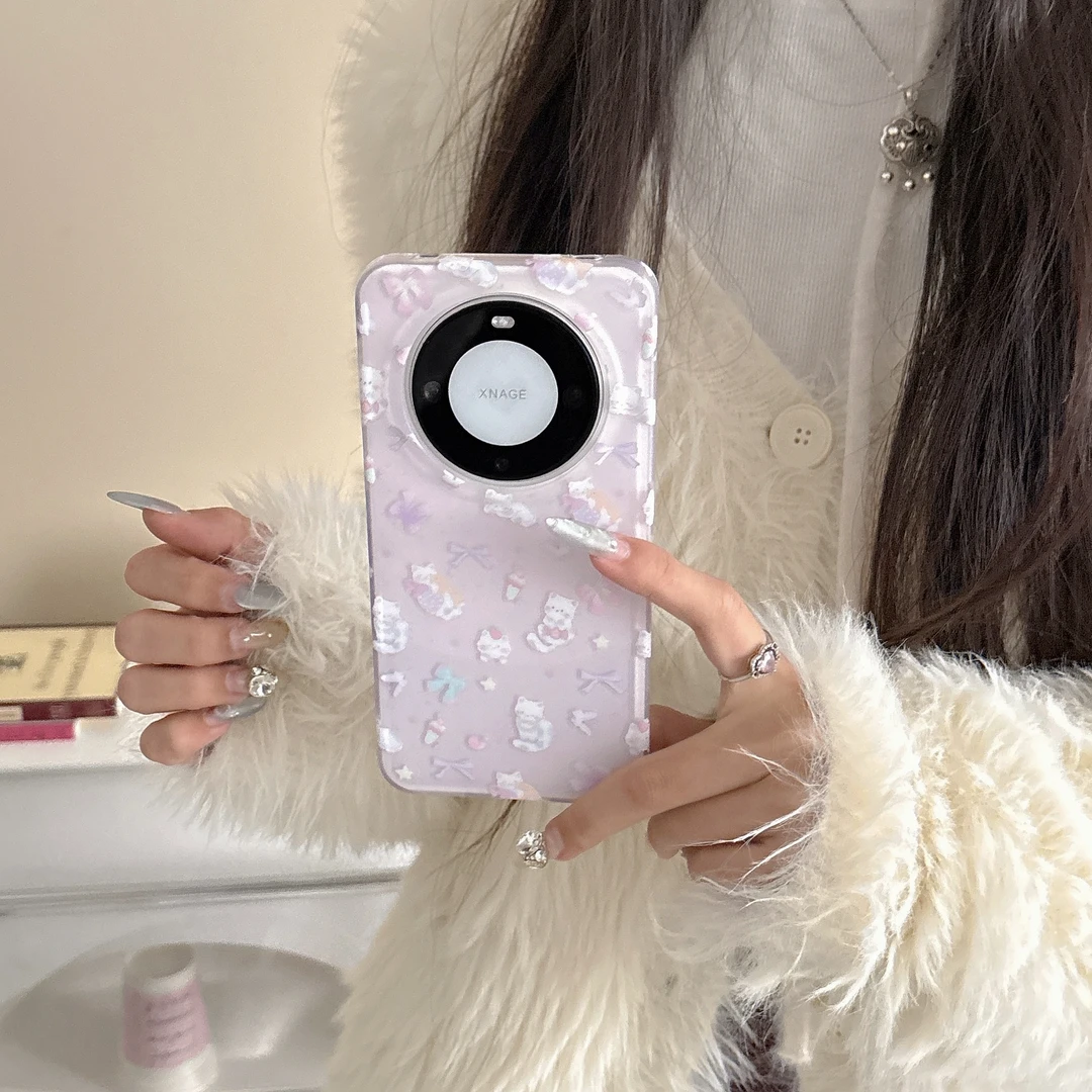 少女紫蝴蝶结猫咪闪粉碎花适用苹果iPhone16Pro手机壳华为mate60