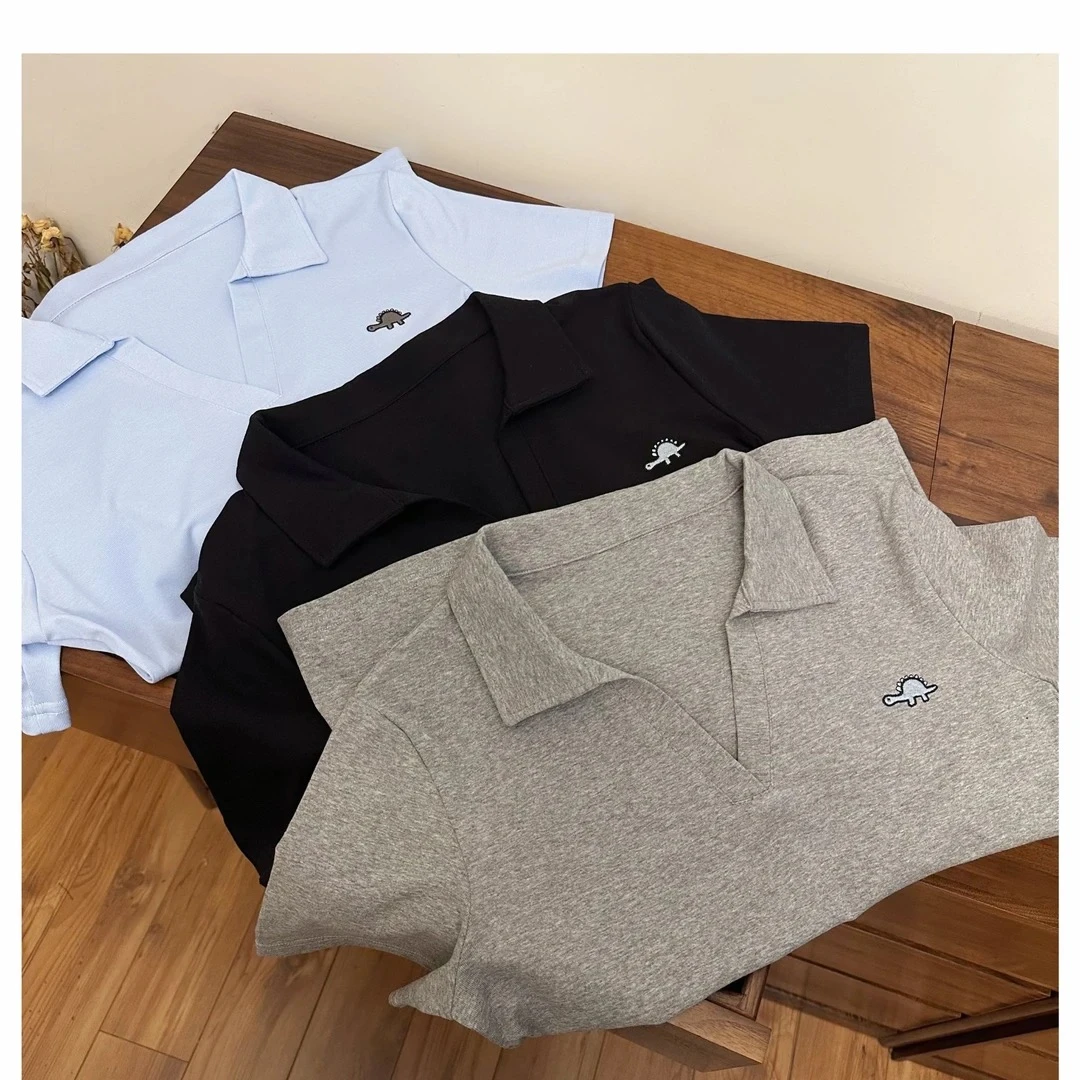 【夏季新款】女士V领POLO小恐龙刺绣短袖0055