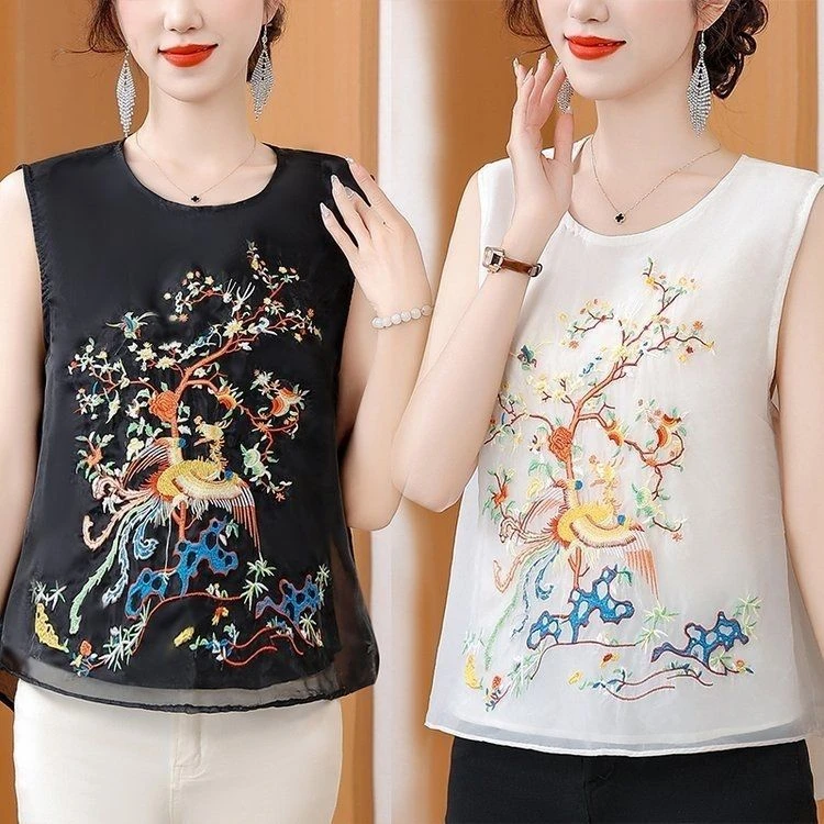 2025新款女士重工刺绣背心女年轻妈妈圆领无袖国风时髦背心小衫女