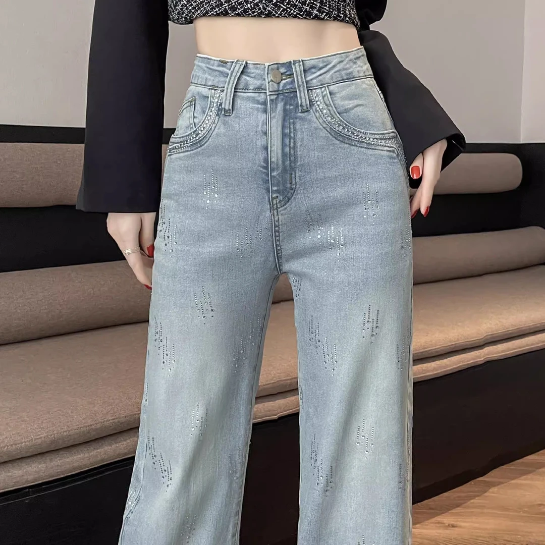 重工烫钻高腰显瘦牛仔裤女2025春季设计感宽松时尚直筒阔腿长裤潮