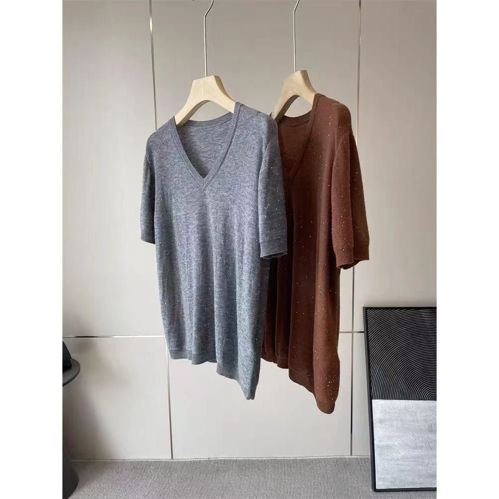 『朱小姐』星空亮片羊毛V领针织短袖 G050