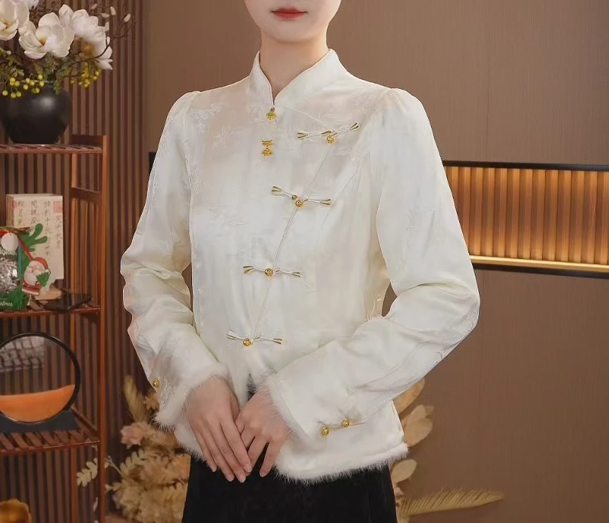 【月影故里】秋冬毛领丝新中式老钱风重工上衣打底2024c5089雨情