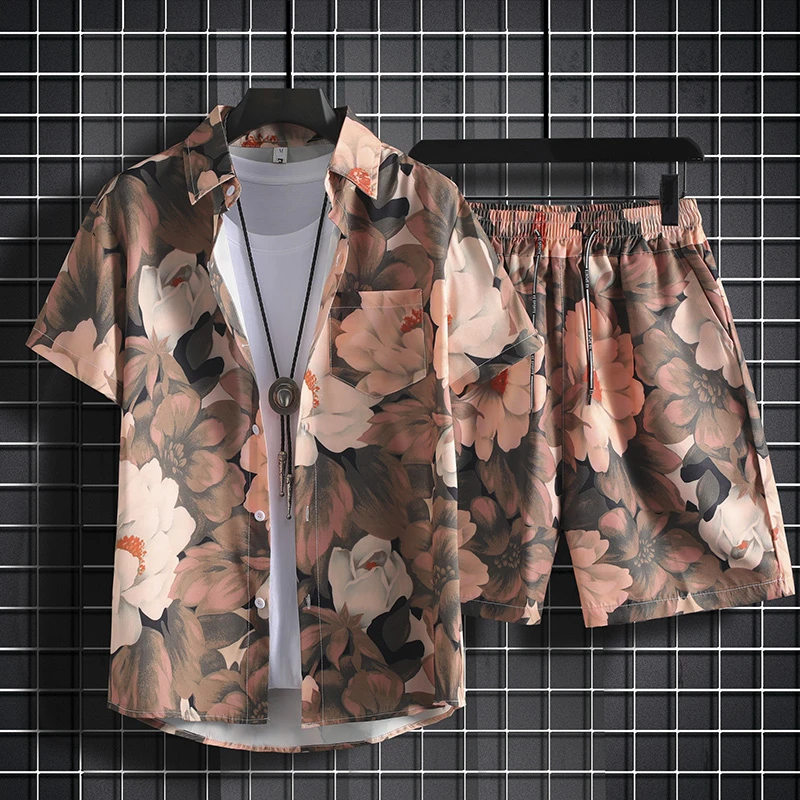 夏季短袖花衬衫男海南沙滩服三亚夏威夷港风复古套装薄款衬衣上衣